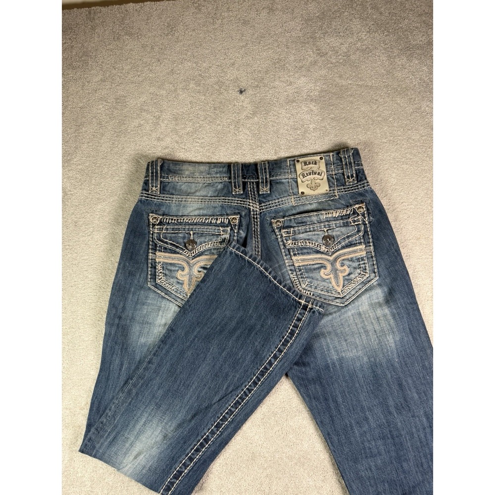 Rock Revival Timothy Bootcut Jeans Mens 35x32 Medium Wash Distressed Flap Pocket
